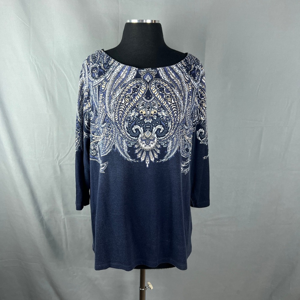 Karen Scott Lile Blouse Top Womens 2XL Navy Blue Paisley Cotton Casual Boat Neck